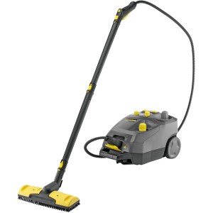 Kärcher Dampfreiniger SG 4/4, grauer Dampfreiniger mit gelben Akzenten und Zubehör.