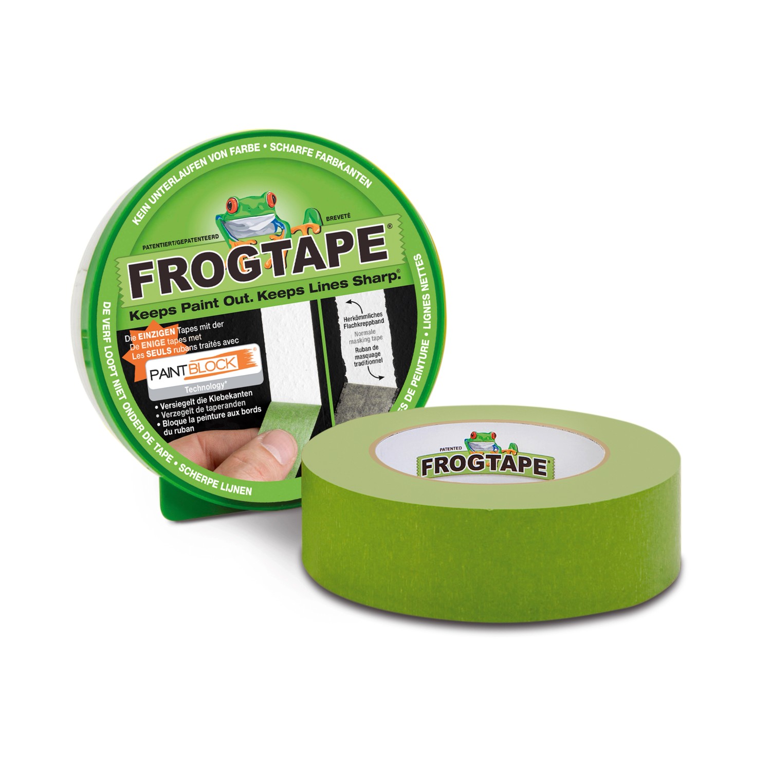 Grünes Malerkrepp Frog Tape (41,1 m x 36 mm) mit Paintblock Technologie für scharfe Farbkanten.