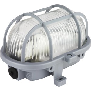 Silberne Halogen-Ovalleuchte für Keller/Werkstatt mit Schutzkorb und Strukturglas.