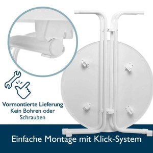 Zusammengeklappter, weißer Beautissu Stehtisch Bellini (Ø 80cm) mit Klick-System und vormontierter Lieferung.