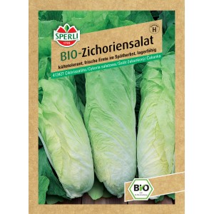 Samenpackung Sperli Bio Zichoriensalat mit hellgrünen Salatköpfen.