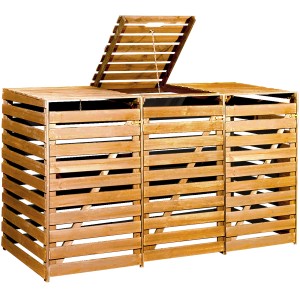 Mülltonnenbox Honigbraun für 3 Tonnen, Holz, mit geöffnetem Deckel.