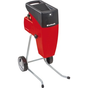 Einhell Elektro-Leisehäcksler GC-RS 2540: Roter Gartenhäcksler mit Trichter und Rädern.