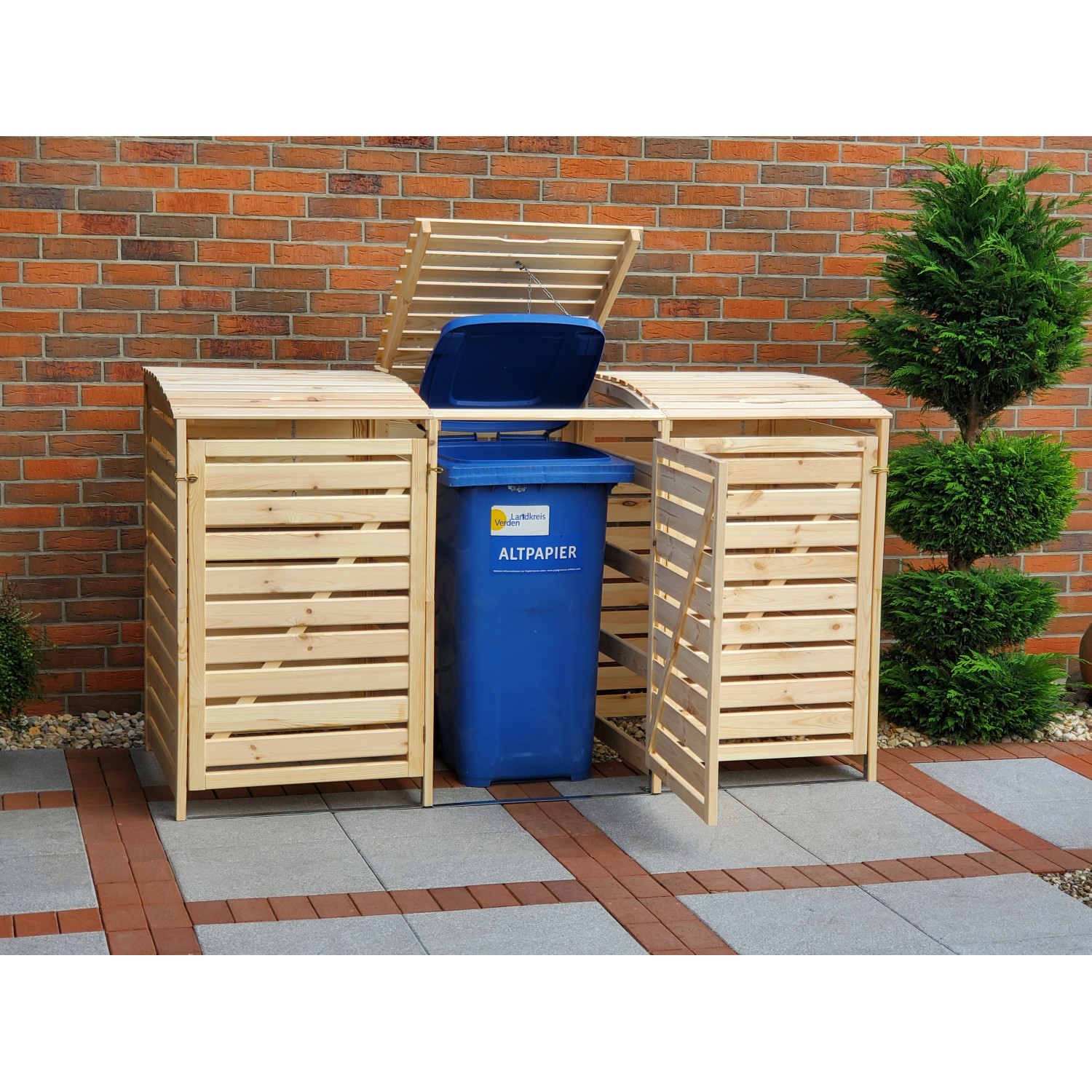 Mülltonnenbox Vario III für 3 Tonnen aus Kiefernholz, naturbelassen. Sichtschutz für Mülltonnen bis 240 Liter.