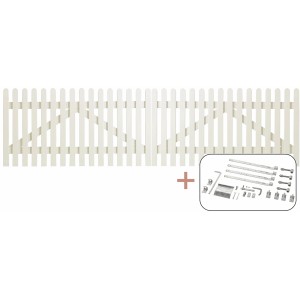 Weißes Doppeltor im Retro-Design aus Nadelholz, 300x80 cm, inklusive Beschläge.