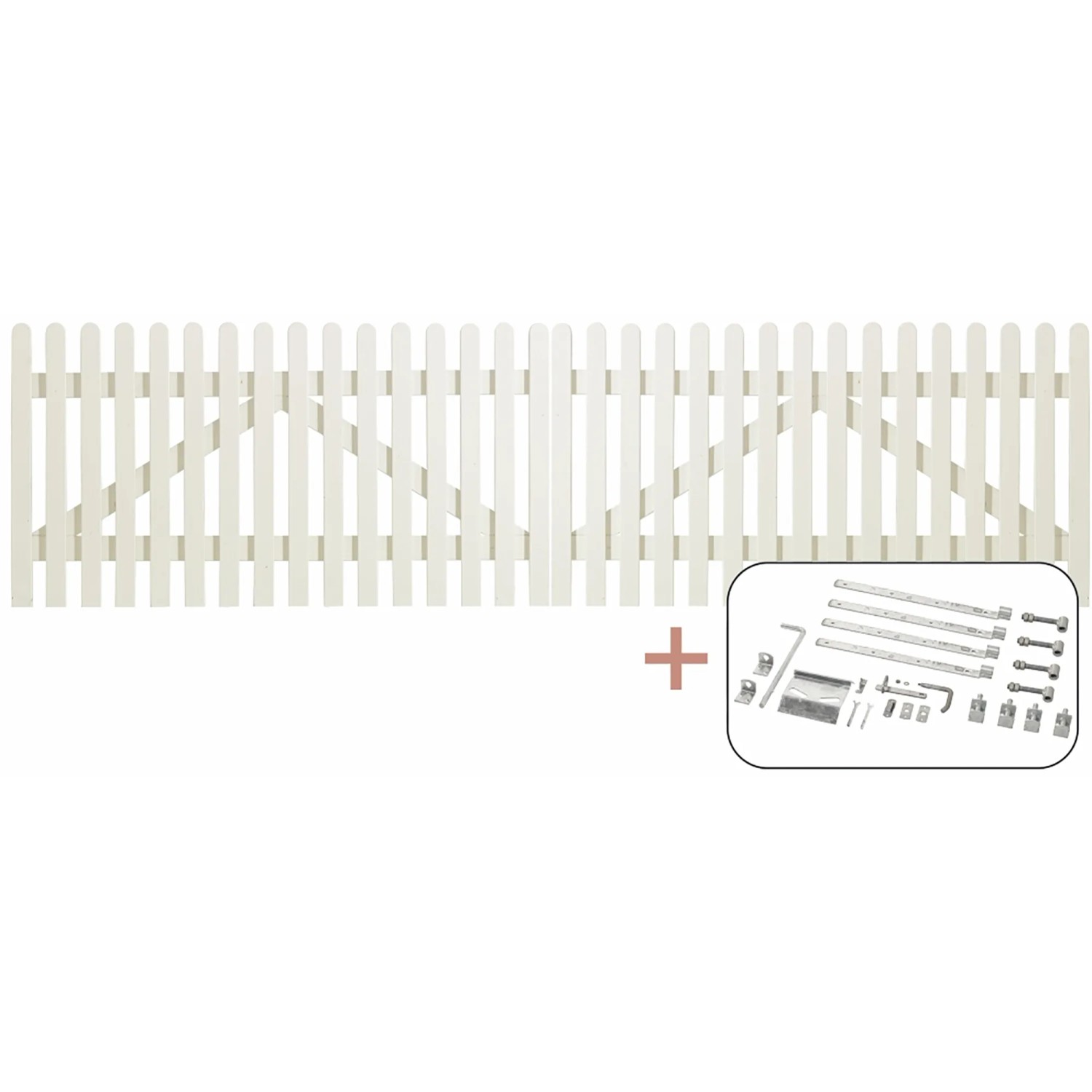 Weißes Doppeltor im Retro-Design aus Nadelholz, 300x80 cm, inklusive Beschläge.