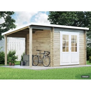 Alpholz Gartenhaus Maria-28 mit Schleppdach, naturbelassen. Holzhaus mit Doppeltür und überdachtem Bereich.