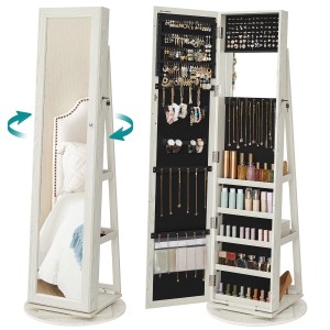 Drehbarer, weißer Songmics Schmuckschrank Berit mit Spiegel und Stauraum für Schmuck.