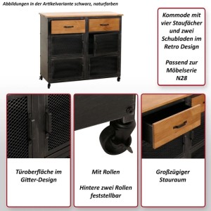 Schwarze Kommode N28 mit Holzplatte, 4 Fächern, 2 Schubladen und Rollen im Retro-Design.