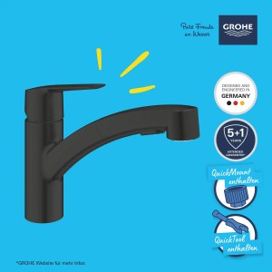 Grohe QuickFix Spültischarmatur Start, schwarz. Einhebelmischer mit flachem Auslauf und herausziehbarer Dual-Spülbrause.