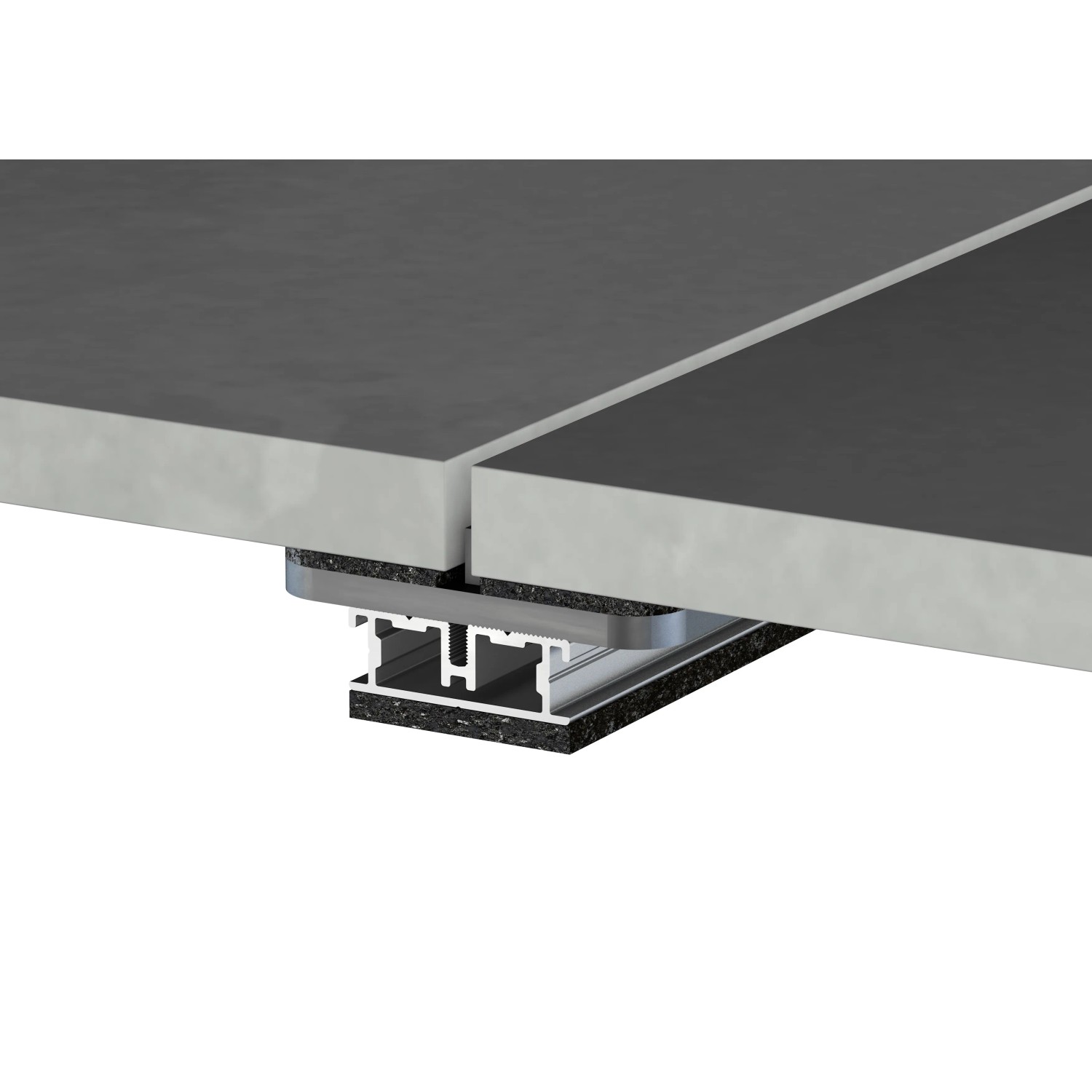 Detailaufnahme: Schwarzes Aluprofil (45x15x4000 mm) unter Terrassendielen für stabile Unterkonstruktion.