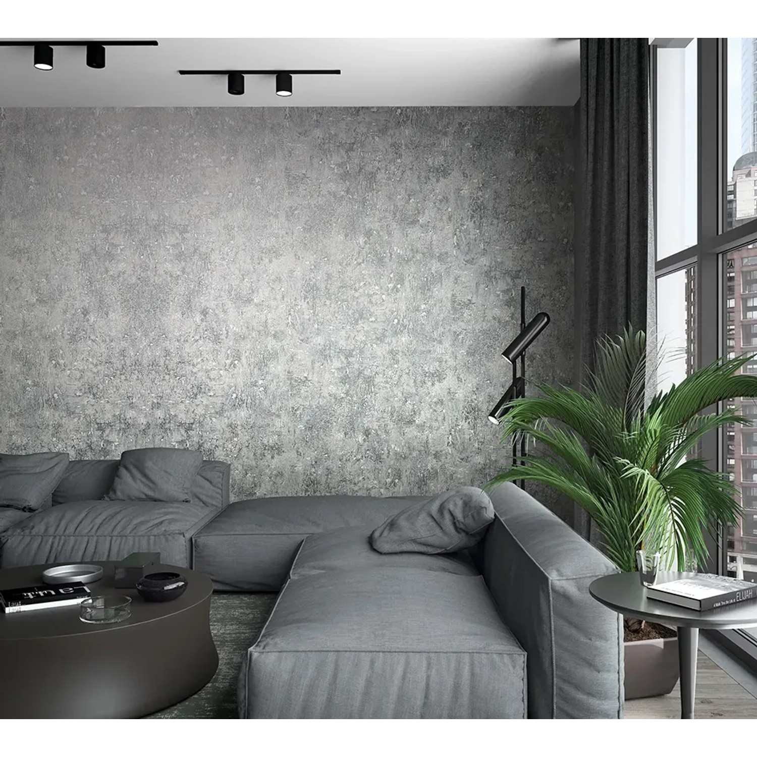 Wohnraum mit grauer Marburg Vliestapete Struktur Modern Grau-Silber FSC® an der Wand.