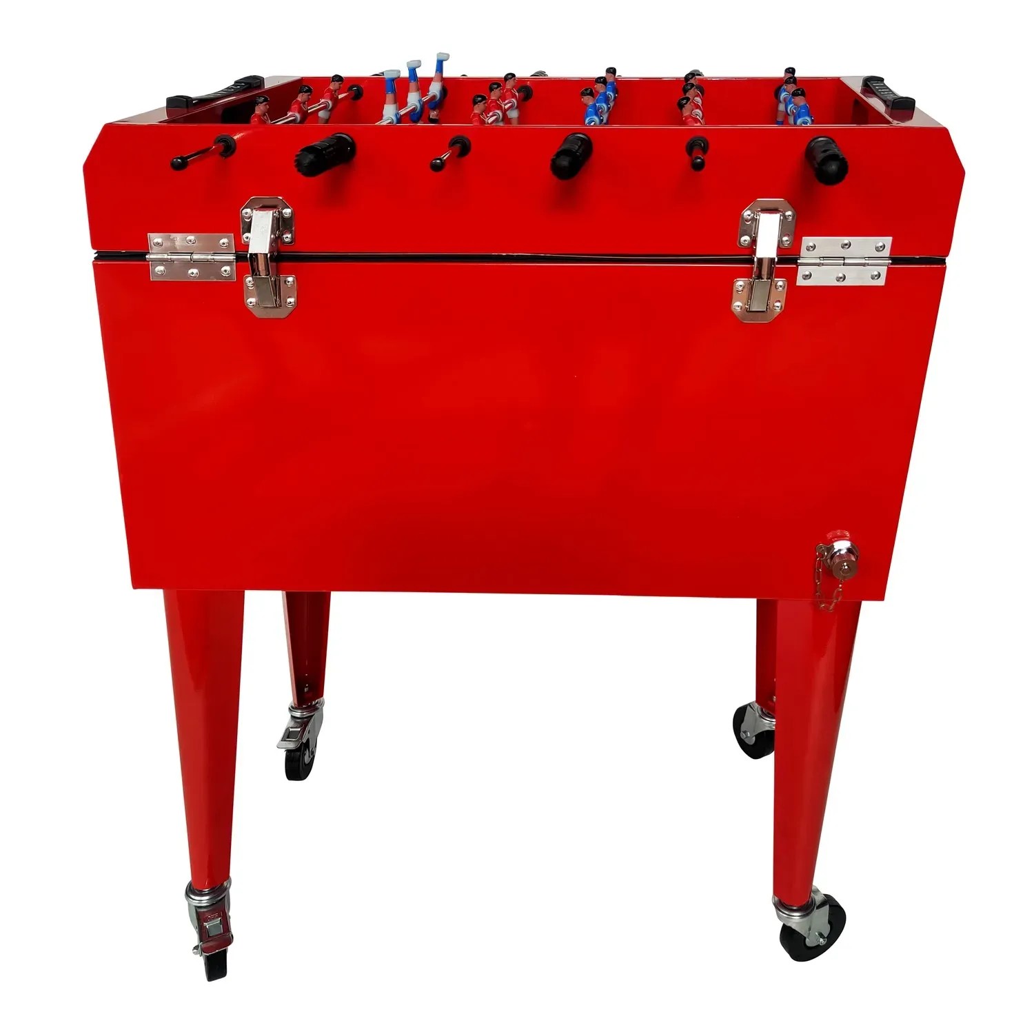 Roter Axi Kühlwagen mit Tischfußball, 65 l, mit Rollen und Flaschenöffner.