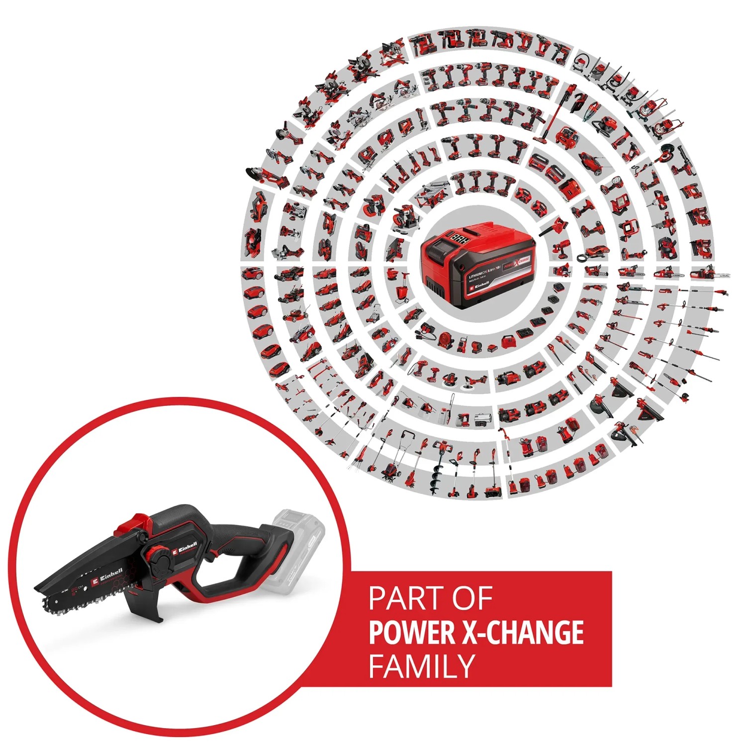 Einhell Akku-Astkettensäge GP-PS 18/20 Li BL-Solo, Power X-Change Familie, für Gartenarbeiten.