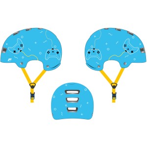Blauer Fischer BMX Kinder Fahrradhelm Game S/M mit Controller-Muster und gelben Riemen.