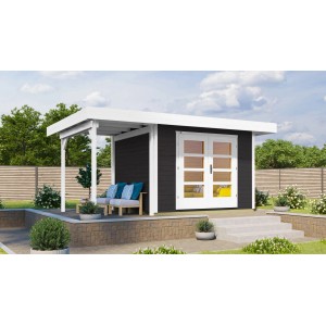 Modernes, anthrazitfarbenes Weka Holz-Gartenhaus mit Flachdach und überdachter Terrasse. Ideal als Geräteschuppen oder Gartenpavillon.