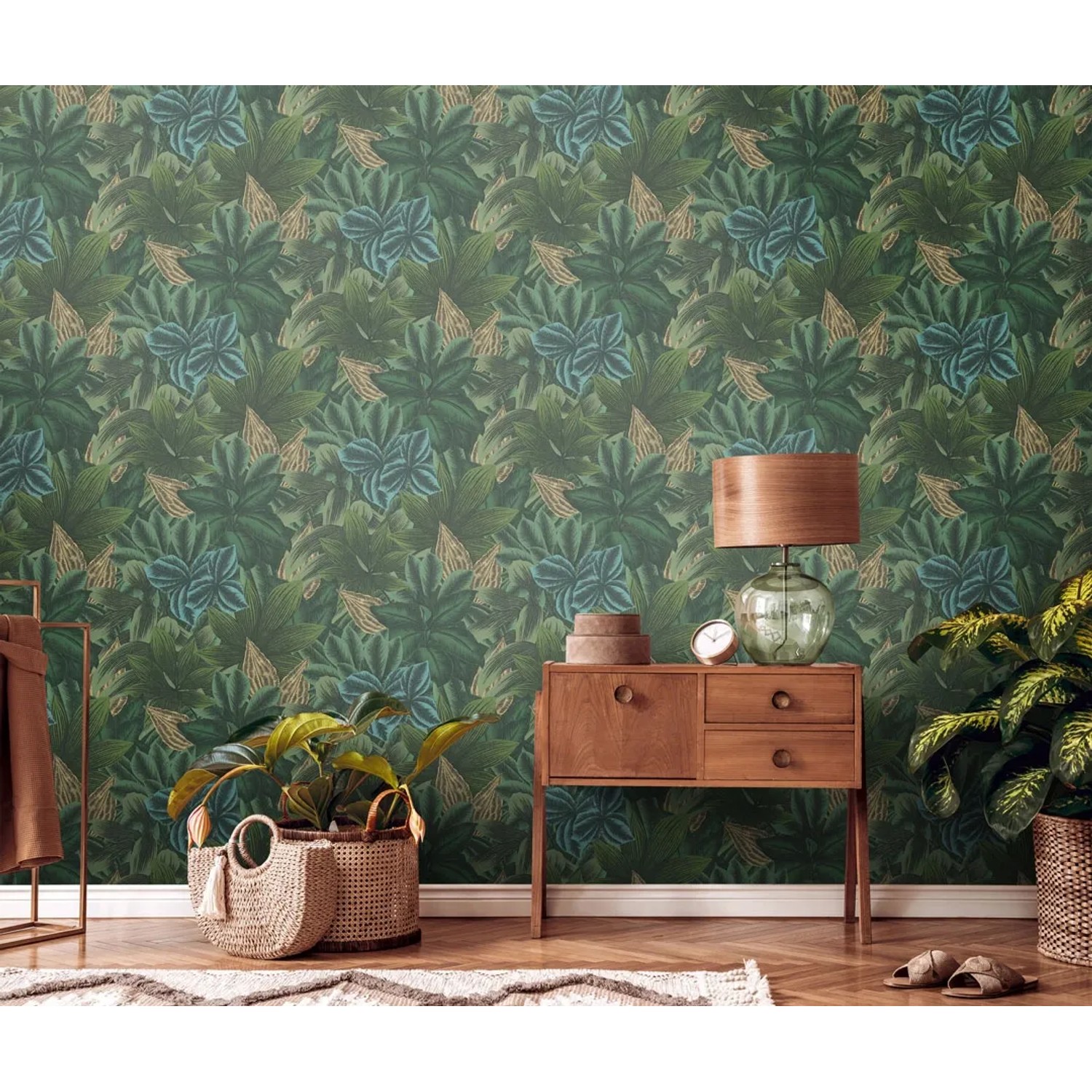 AS-Creation Vliestapete Dschungel Floral in Grün und Gelb mit Strukturmuster.