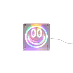 Quadratische LED-Tischleuchte mit Smiley-Motiv und RGB-Farbwechsel, 4W, transparentes Weiß.