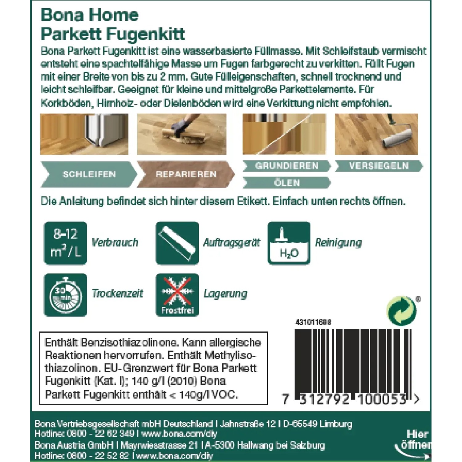 Bona Home Parkett Fugenkitt: Füllmasse zum Ausbessern von Parkettfugen, einfache Anwendung.
