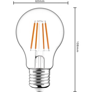 E27 LED-Filament Leuchtmittel, klassische A60 Form, 4,5W, 470lm, 6x10,8cm, warmweißes Licht.