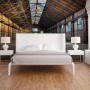 Fototapete Industrial Halle in Grau und Gelb, 3,50x2,55m, im Schlafzimmer.