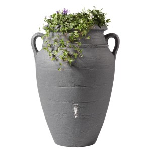 Garantia Regenwasser-Amphore Antik 600 l Darkgranite mit Bepflanzung und Auslaufhahn.
