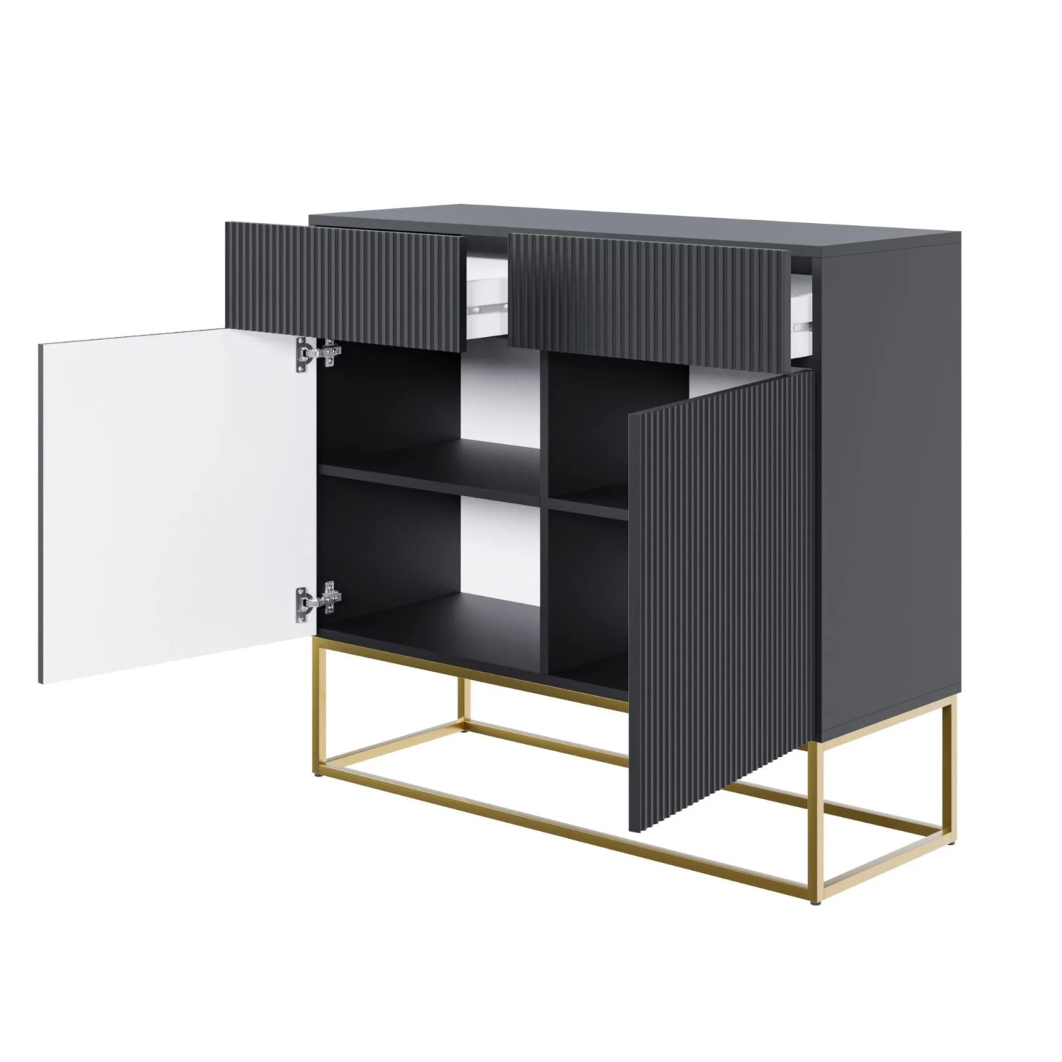 Modernes Selsey Veldio Sideboard schwarz, 100 cm, mit geriffelter Front, 2 offenen Schubladen, Fächern und goldenen Beinen.