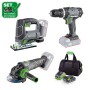 LUX-TOOLS Akku-Maschinen-Set 3-in-1: Akkuschrauber, Stichsäge, Winkelschleifer, Akku, Ladegerät und Tasche.