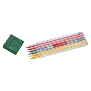 Bosch Minen-Set mit 6 Stiften in Rot, Gelb und Graphit im transparenten Aufbewahrungskasten.