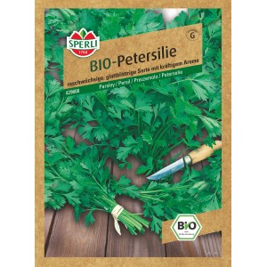 Sperli Bio Petersilie Laica Samenpackung mit frischer, glatter Petersilie und Messer.