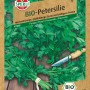 Sperli Bio Petersilie Laica Samenpackung mit frischer, glatter Petersilie und Messer.