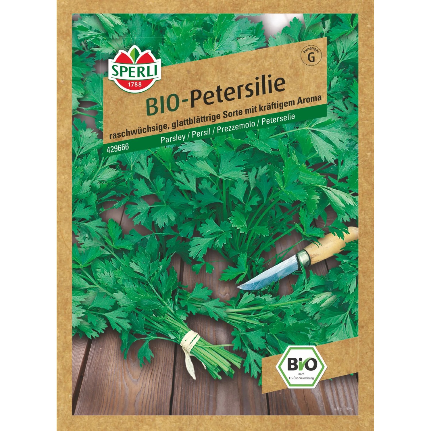 Sperli Bio Petersilie Laica Samenpackung mit frischer, glatter Petersilie und Messer.