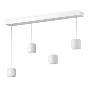 Weiße Orion LED Hängeleuchte Shuttle mit vier höhenverstellbaren zylindrischen Spots, 110 cm lang, für modernes Licht.