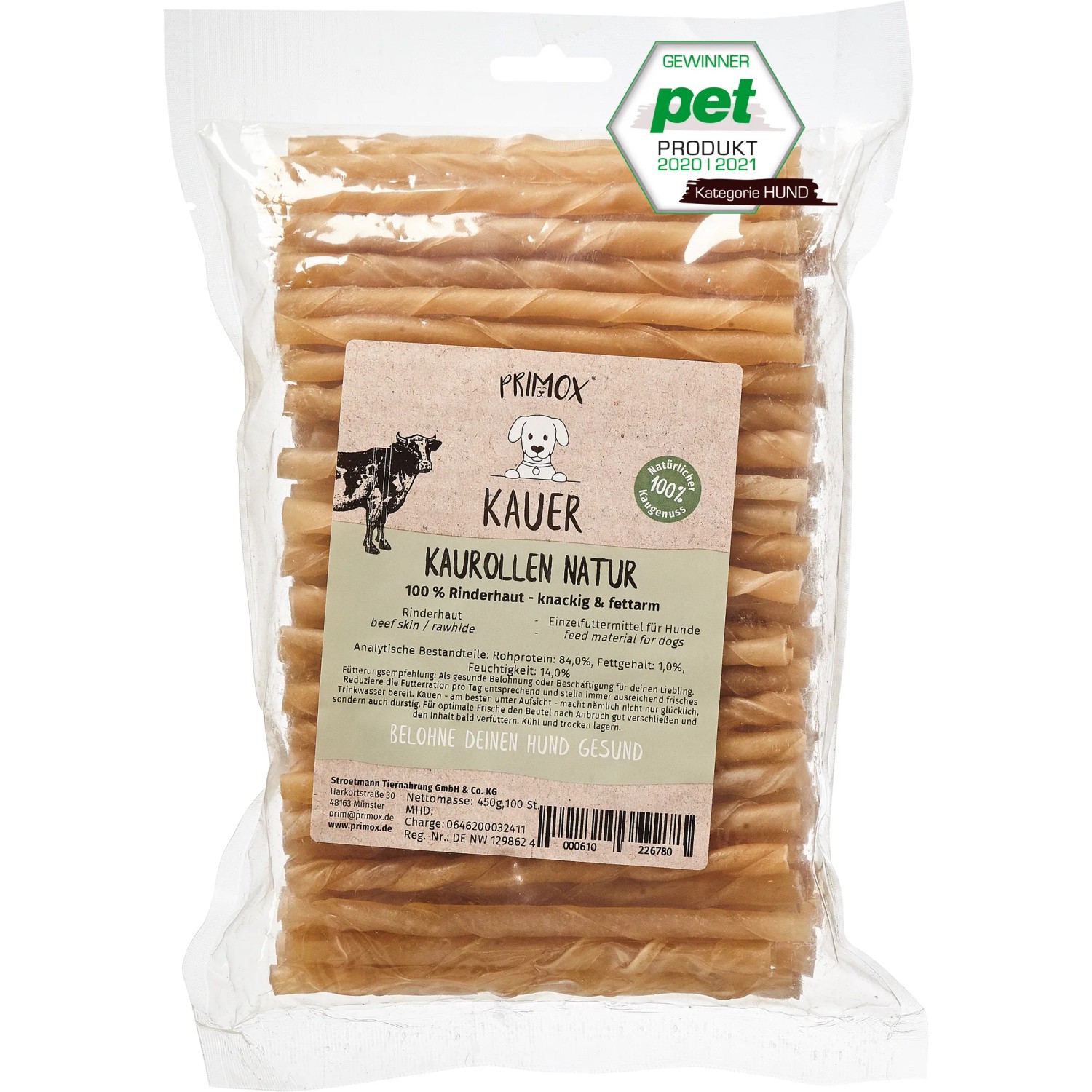 Primox Kaurollen Natur, 100 Stk. Hunde-Snack aus Rinderhaut, gedreht, 7-8 cm. Kausnack für Hunde.