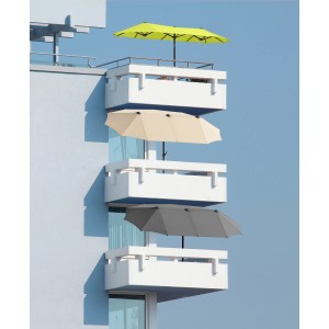 Schneider Balkonschirme Salerno in Anthrazit, Gelb und Beige auf Balkonen.