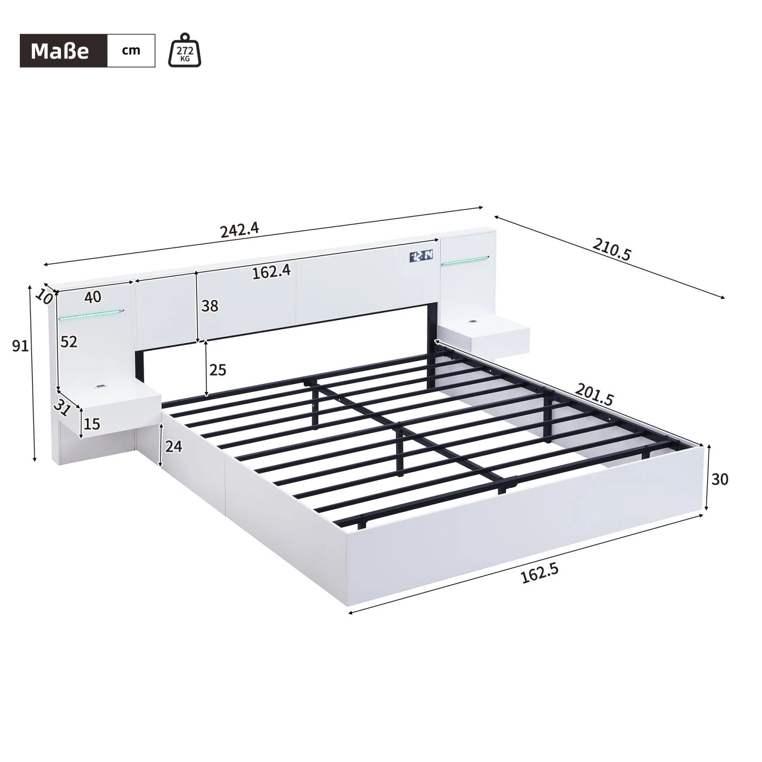 okwish Doppelbett 160x200cm mit USB Anschluss Lautsprecher Schlafzimmer Weiß ohne Matratze_5