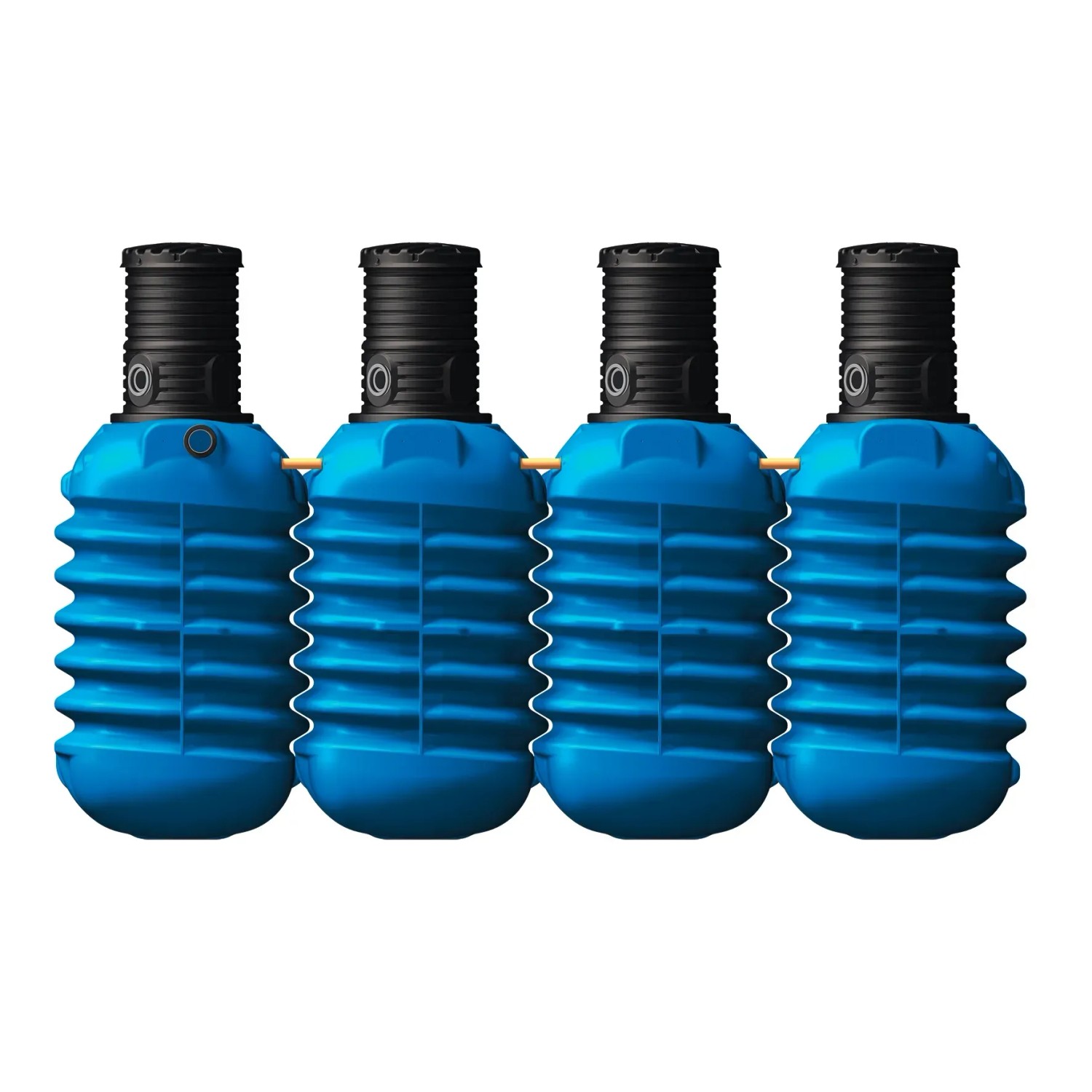 4 blaue 4rain Erdtanks Modularis 10.000 l mit schwarzem Domschacht. Komplettsystem für die Regenwassernutzung.