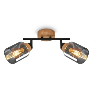 Brilo Deckenleuchte Hema mit zwei schwenkbaren Spots, Holzbasis und Rauchglas, 28 cm.