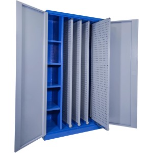 Offener, blauer Güde Werkzeugschrank VAS T02 mit Auszügen und Fächern.