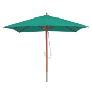 Quadratischer, blau-grüner Holz-Sonnenschirm 3x3m für Gastronomie und Garten.