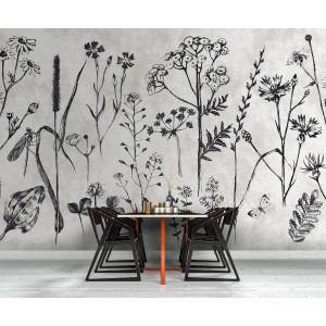 Fototapete Blumenwiese beige/creme/schwarz, florales Design für Wandgestaltung.