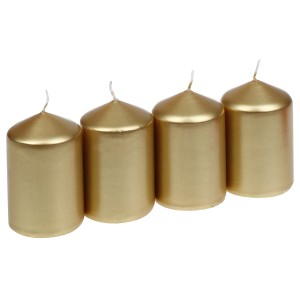4er-Pack goldene Steinhart Stumpenkerzen mit Edelglanz, Ø 4,7x7,5 cm. Dekorative Stabkerzen für festliche Anlässe.