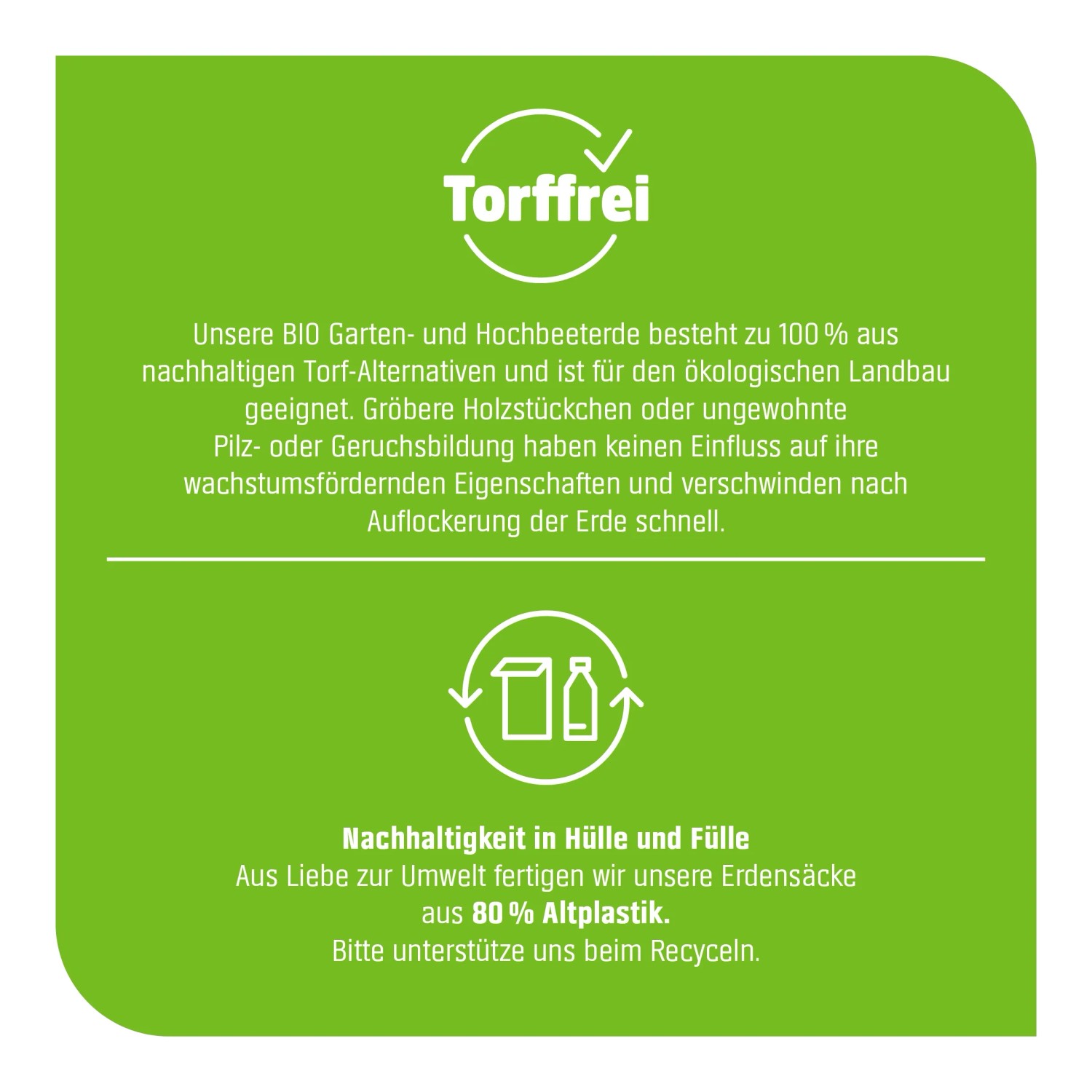 Infografik: GROW by OBI BIO Hochbeeterde torffrei, aus Recycling-Kunststoff. Nachhaltige Wahl für Ihren Garten.