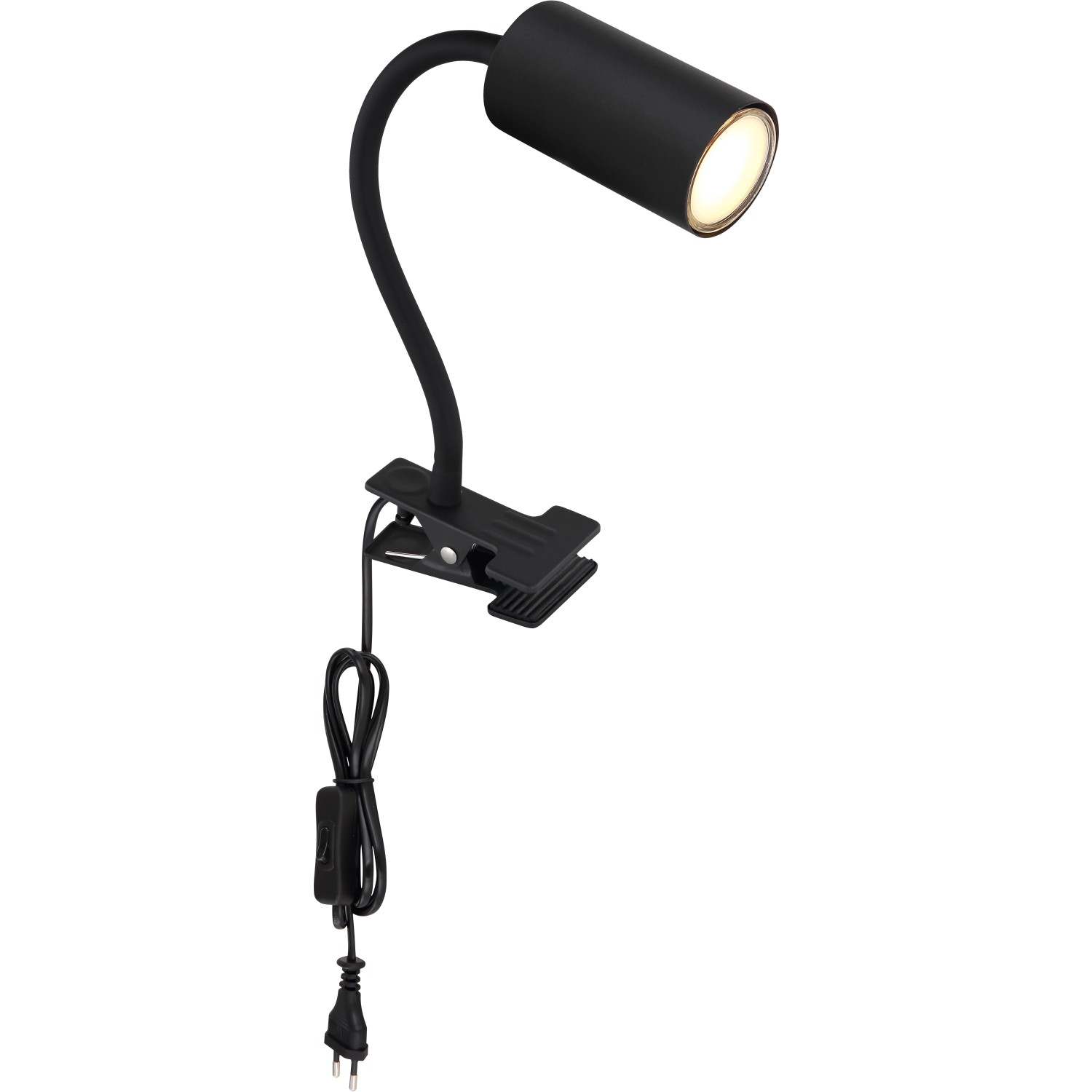 Schwarze Globo Klemmleuchte Robby mit flexiblem Arm und Klemme.
