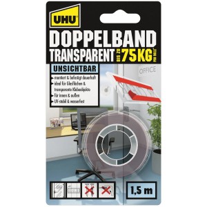 Uhu Doppelband transparent 1,5m: Starkes, transparentes Klebeband für Montage im Innen- und Außenbereich.