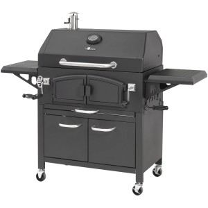 Schwarzer El Fuego Holzkohlegrill Grand Ontario mit Ablagen, Thermometer und Unterschrank.