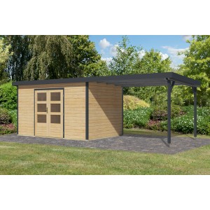 Karibu Gartenhaus Domingo 7 A m. Anbaudach Natur/Anthrazit 219 x 360 x 240 cm