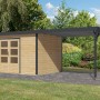 Karibu Gartenhaus Domingo 7 A mit Anbaudach, natur/anthrazit, 219x360x240 cm. Holz-Gartenhaus mit Doppeltür und Überdachung.