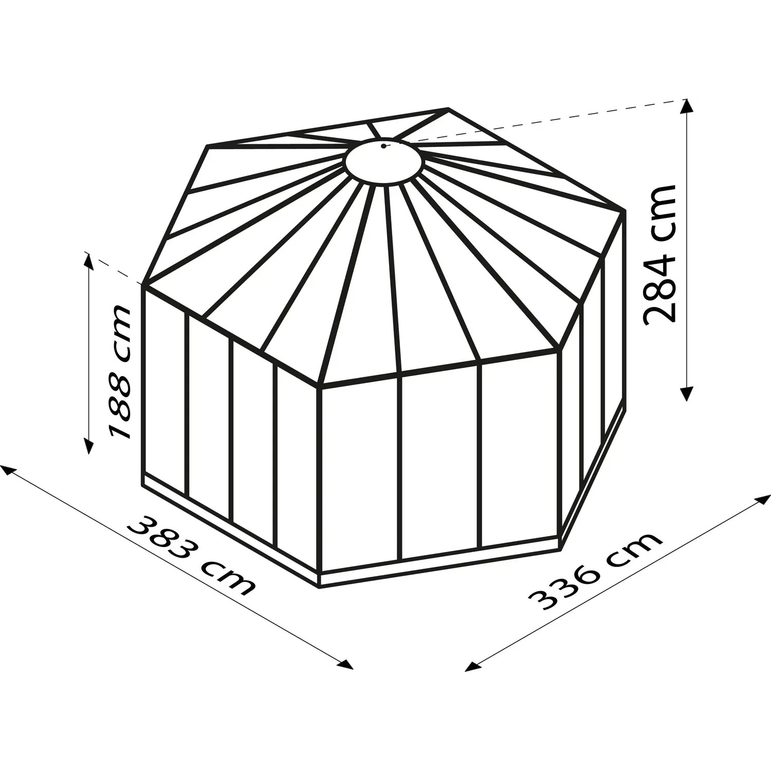 Skizze der Vitavia Vogelvoliere Circus 9000, ein Kunststoff-Gartenhaus mit Maßen 383,3 x 336 x 283,7 cm.