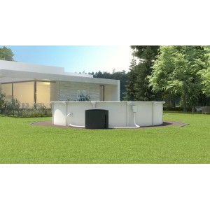 Steinbach Pool Technikbox neben Pool im Garten. Technikhaus für Filter und Pumpe.